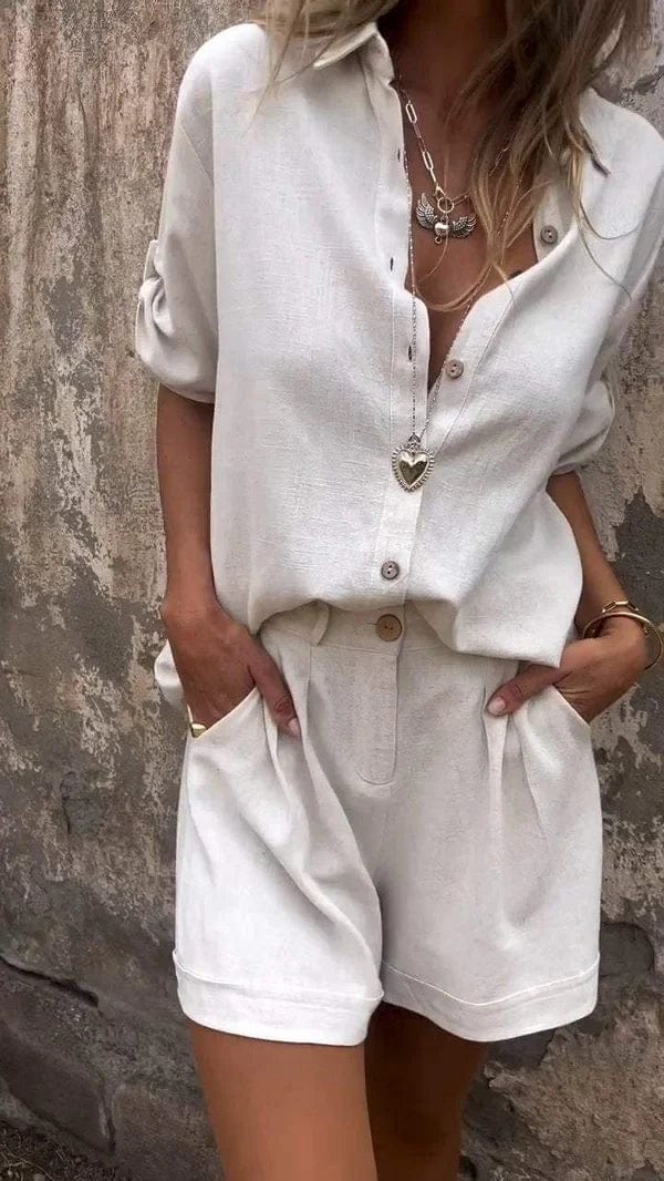 Dames tweedelige blouse & shorts set met knoopsluiting, ideale zomeroutfit voor vrouwen.