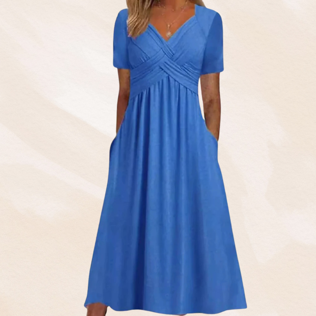 Comfortabele en veelzijdige dames V-hals midi jurk, perfect als casual of feestelijke kleding.