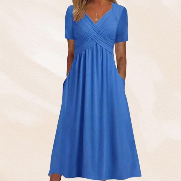 Comfortabele en veelzijdige dames V-hals midi jurk, perfect als casual of feestelijke kleding.