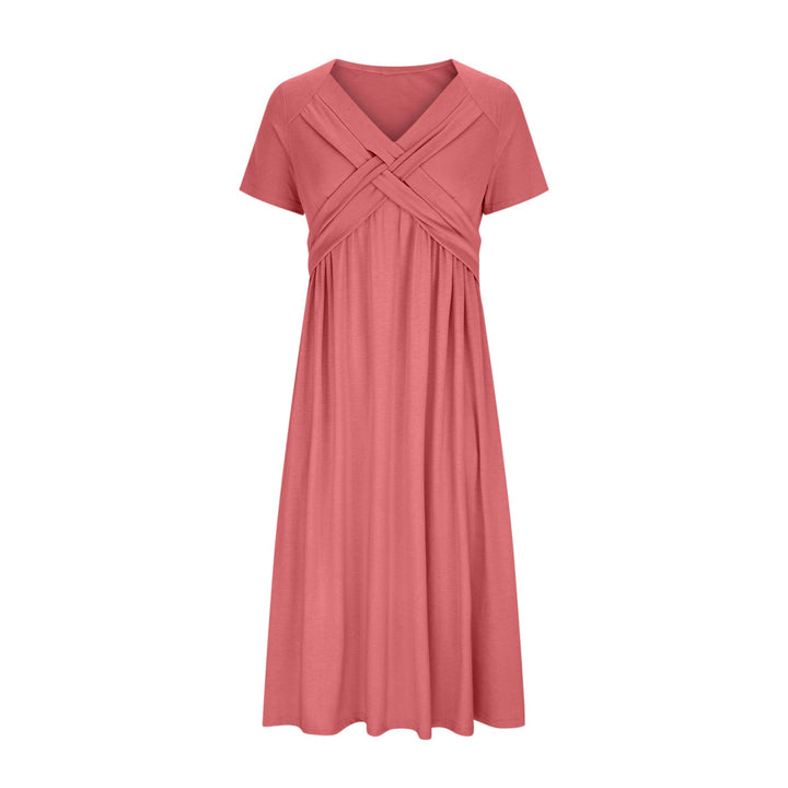 Zomerse dames A-lijn midi jurk met V-hals en korte mouwen; comfortabel, elegant en veelzijdig.