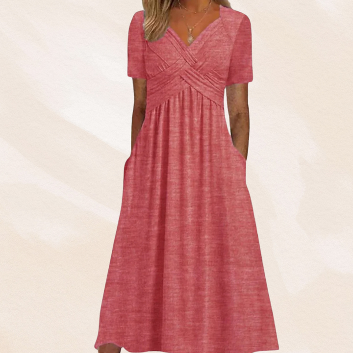 Klassieke dames midi jurk met V-hals, A-lijn pasvorm en korte mouwen, een tijdloze mode must-have.