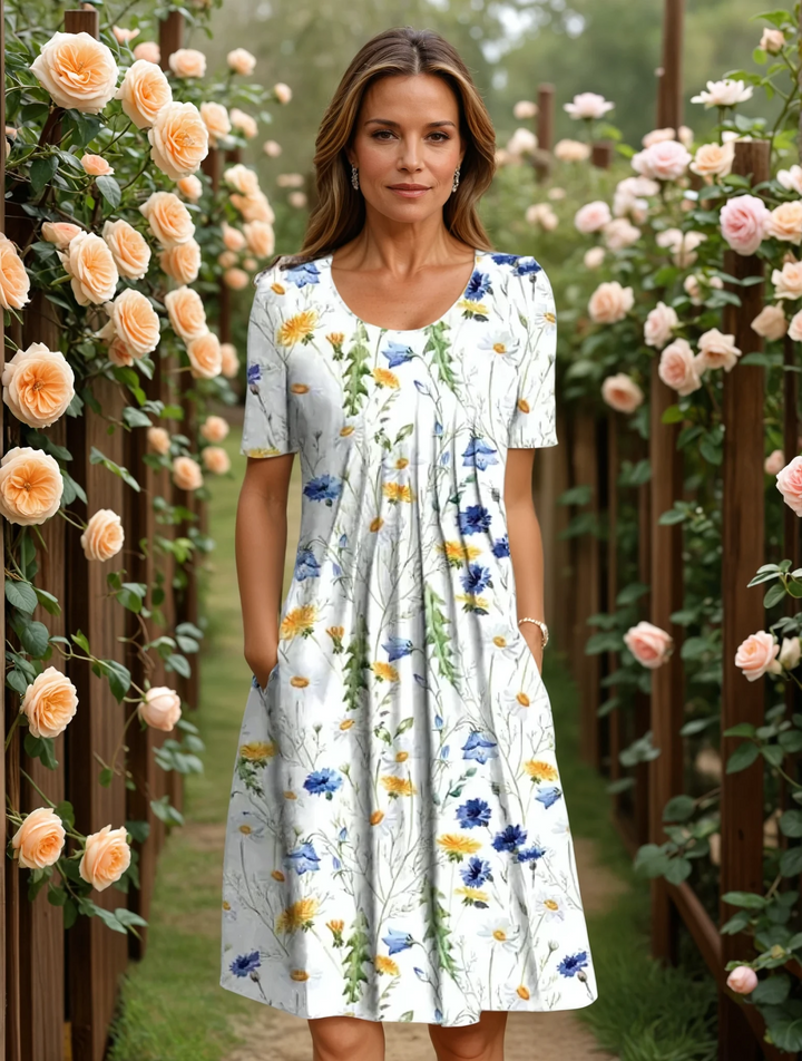 Casual zomerse dames midi-jurk met bloemenprint en V-hals. Comfortabele A-lijn pasvorm voor elke gelegenheid.