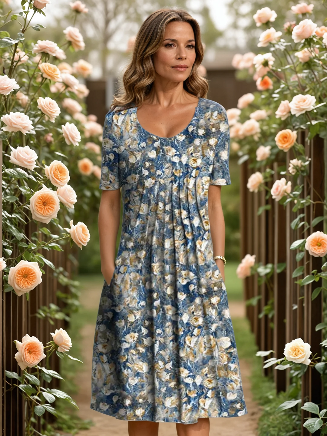 Levendige bloemenprint op deze dames A-lijn midi-jurk met flatterende V-hals. Ideaal als elegante zomerjurk.