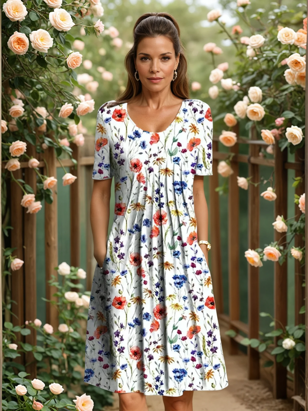 Elegante dames A-lijn midi-jurk met V-hals, bloemenprint en korte mouwen. Perfect voor zomerse dagen.