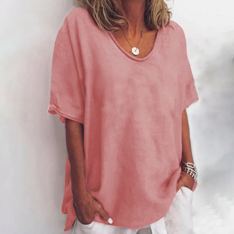 Alledaags dames V-hals T-shirt, oversized en comfortabel. Een basic top met losse pasvorm voor elke casual gelegenheid.