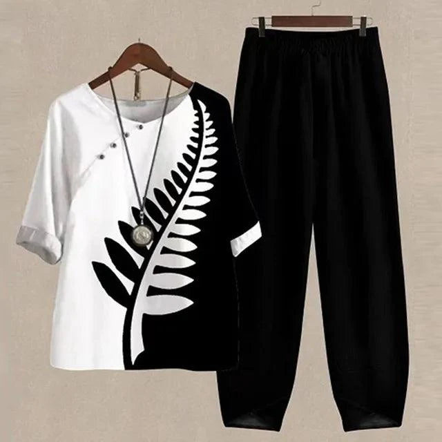 Dames zomerset met print, V-hals en korte mouwen, luchtige pasvorm, elastische tailleband, stijlvol en comfortabel.