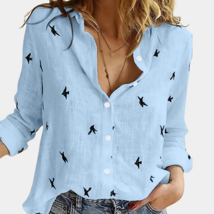 "Damesblouse met lange mouwen, zwaluwprint, luchtig en stijlvol voor veelzijdige outfits, knoopsluiting voor gemak."
