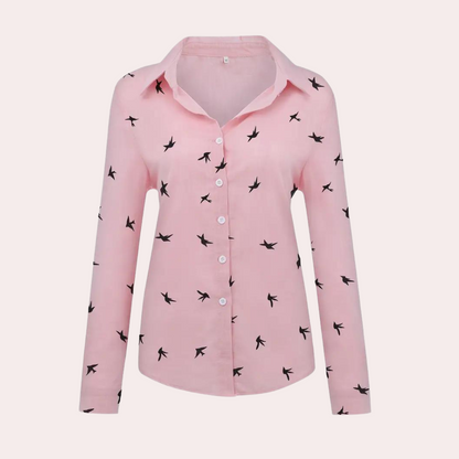 "Damesblouse met lange mouwen, zwaluwprint, luchtig en stijlvol voor veelzijdige outfits, knoopsluiting voor gemak."