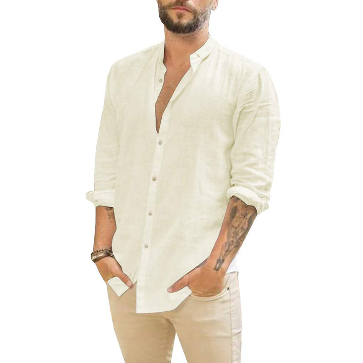 Effen linnen heren overhemd, ideaal voor een stijlvolle, casual look in lente en zomer.