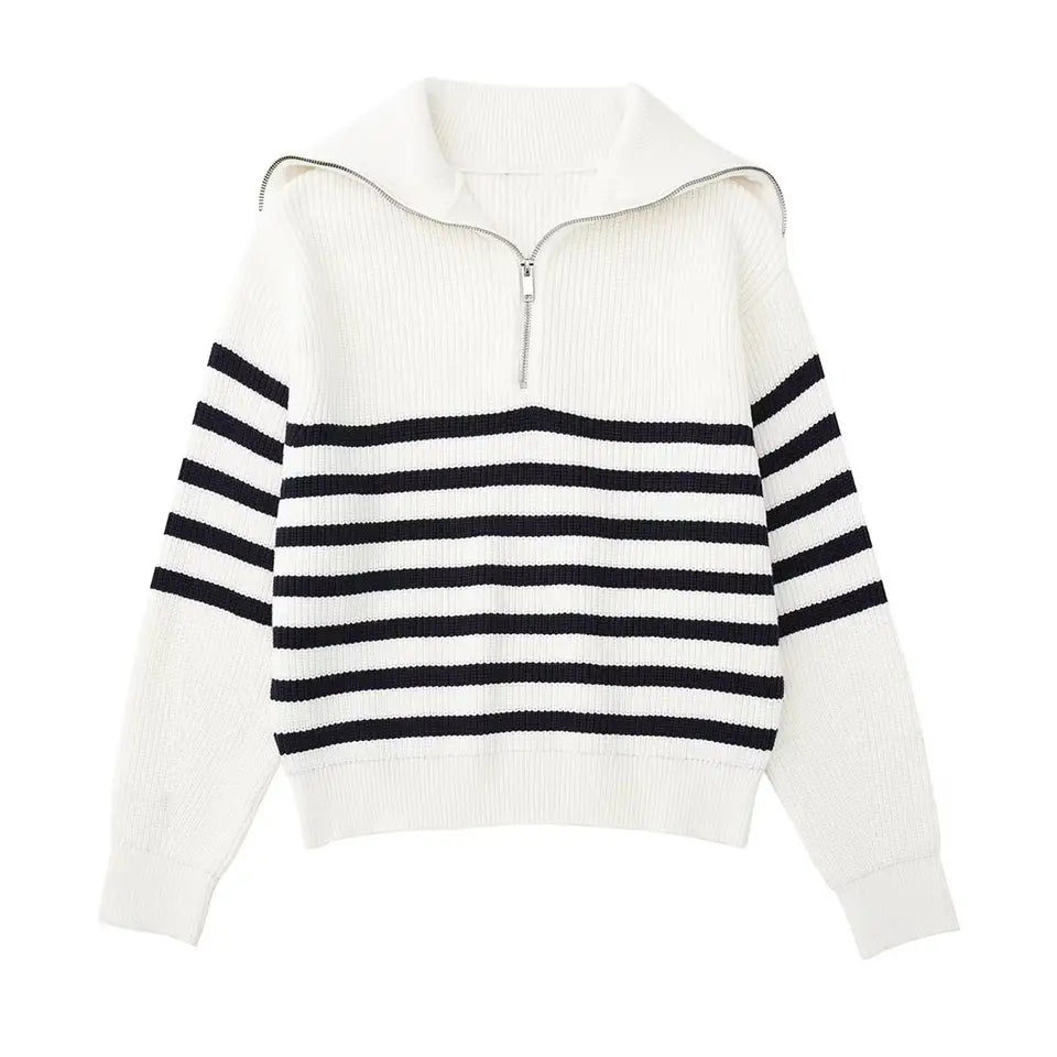 Heren gestreepte rits trui in marineblauw/wit, comfortabele winterkleding voor casual mode.