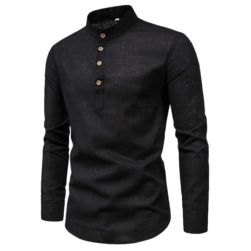 Heren longsleeve Henley shirt in zacht katoen, ideaal voor comfortabele herfst- en winterdagen.
