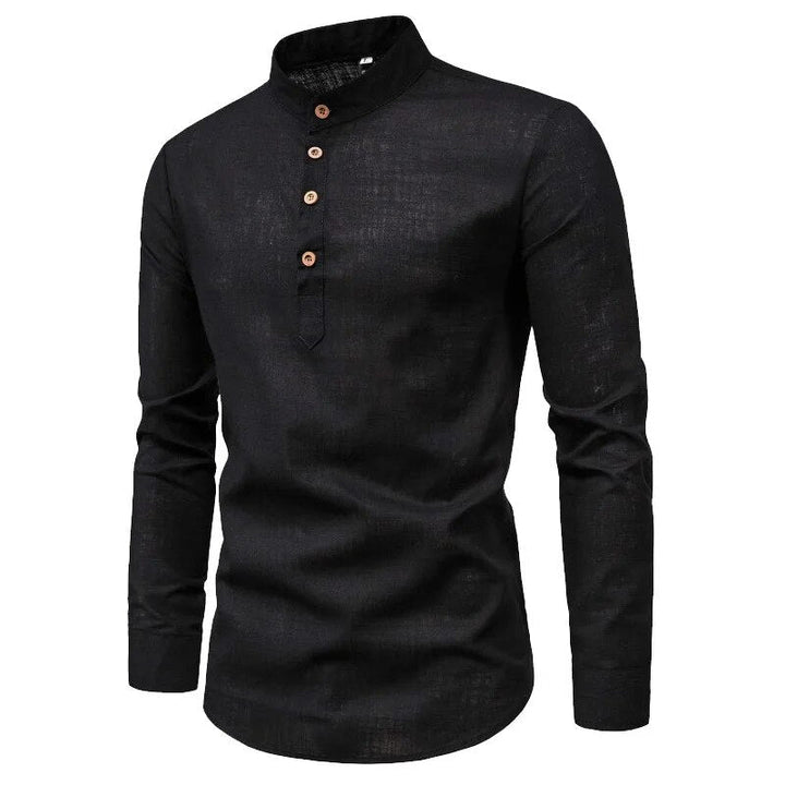 Heren longsleeve Henley shirt in zacht katoen, ideaal voor comfortabele herfst- en winterdagen.