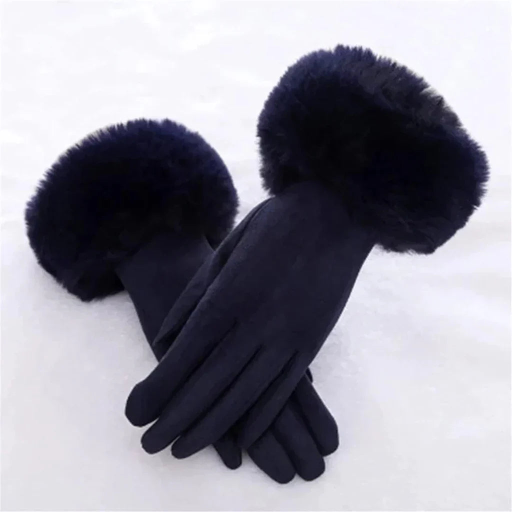 Warme dames suède handschoenen met fluffy imitatiebont, ideaal voor koude winterochtenden.