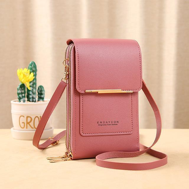 Elegante leren telefoonportemonnee voor dames, modern en minimalistisch accessoire.