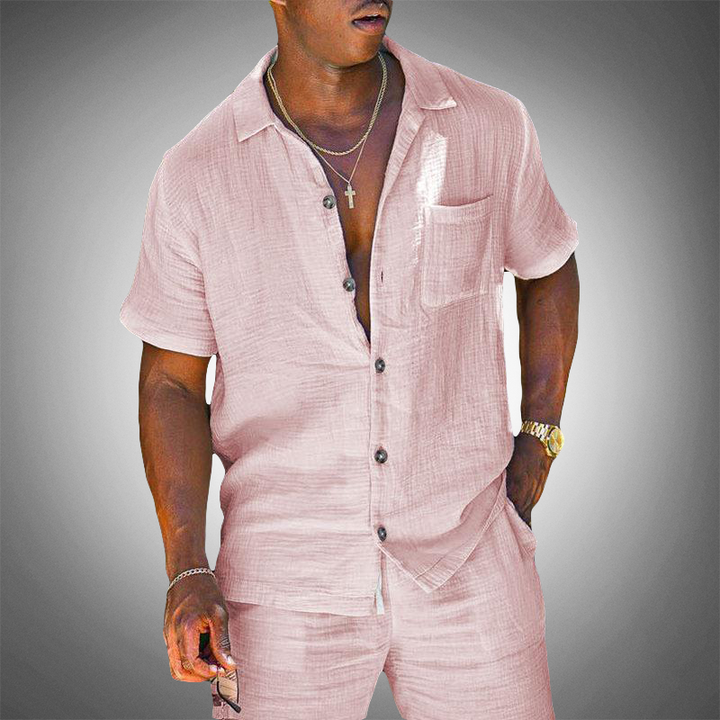 Moderne witte heren tweedelige set van gebreid polyester/elastaan. Comfortabele casual kleding voor lente/zomer en vrije tijd.