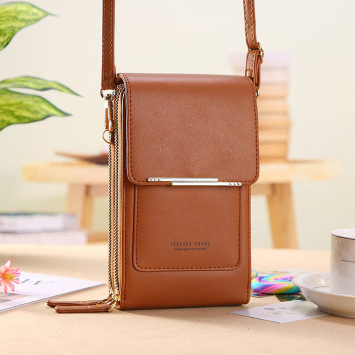 Stijlvolle dames schoudertas met slim telefoonvenster, compact en multifunctioneel, ideaal voor dagelijks gebruik.