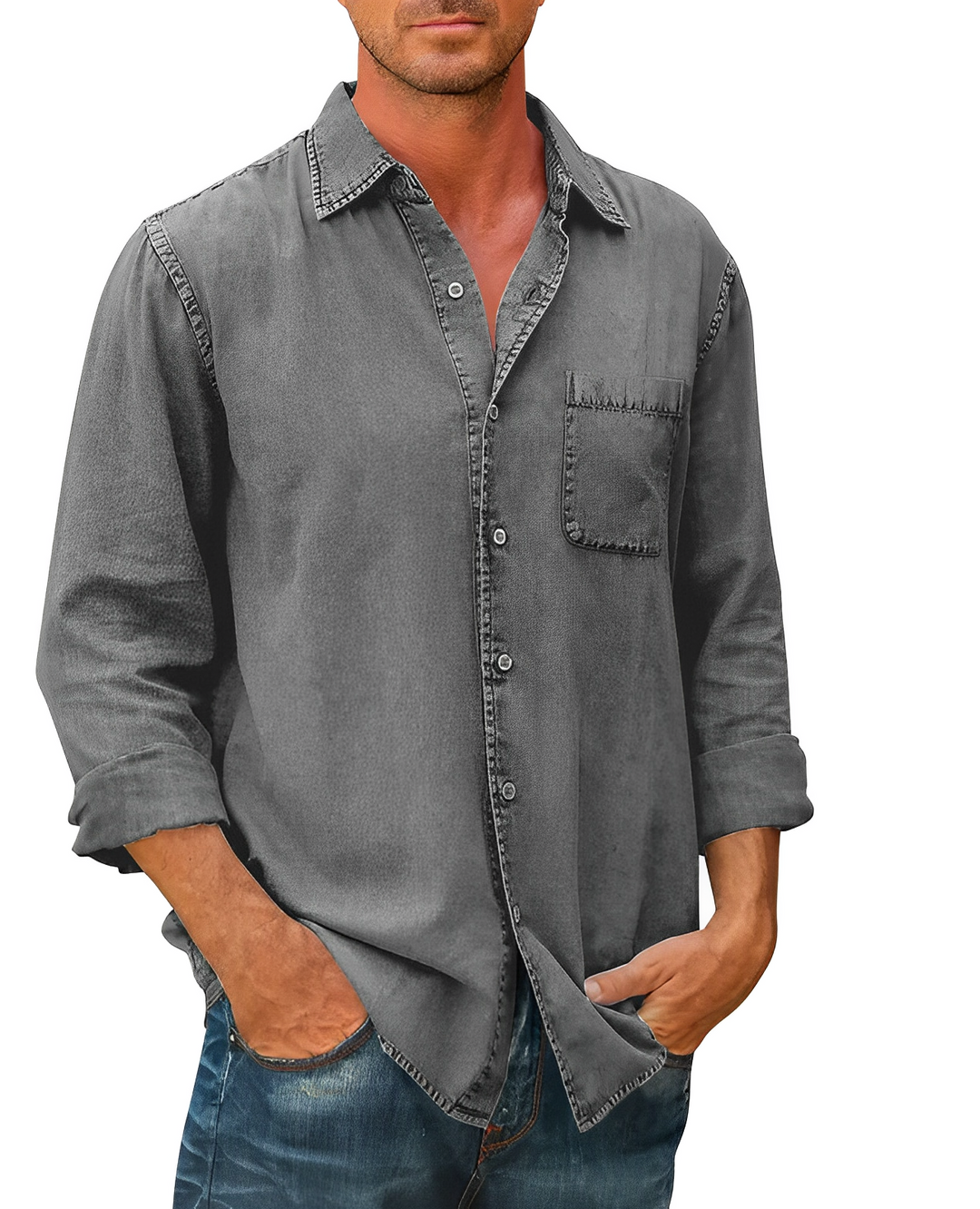 Veelzijdig heren denim overhemd in blauw, met relaxte pasvorm, ideaal voor modieuze herenkleding.
