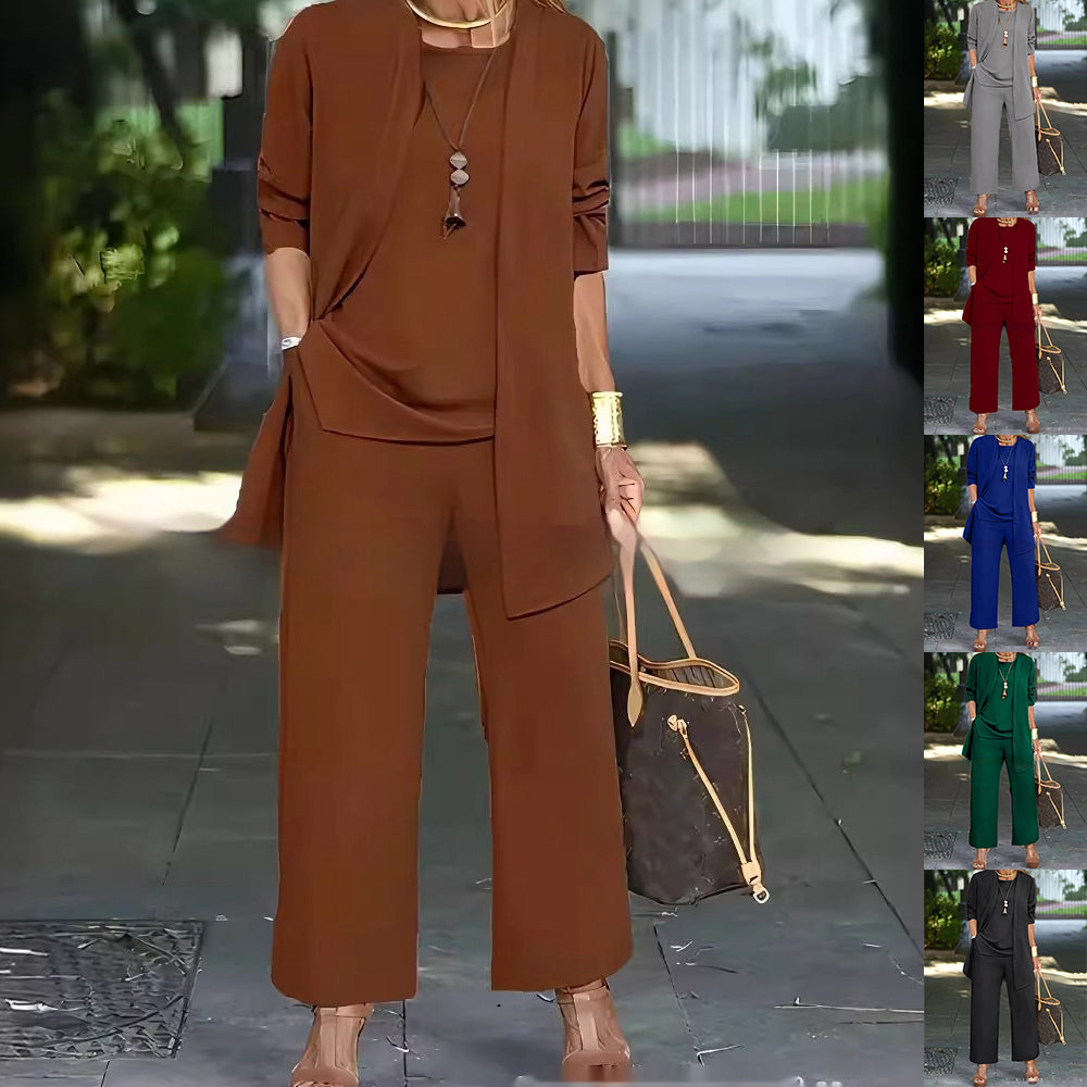 Elegante driedelige damesset met wijde broek. Perfect voor een casual chic outfit.