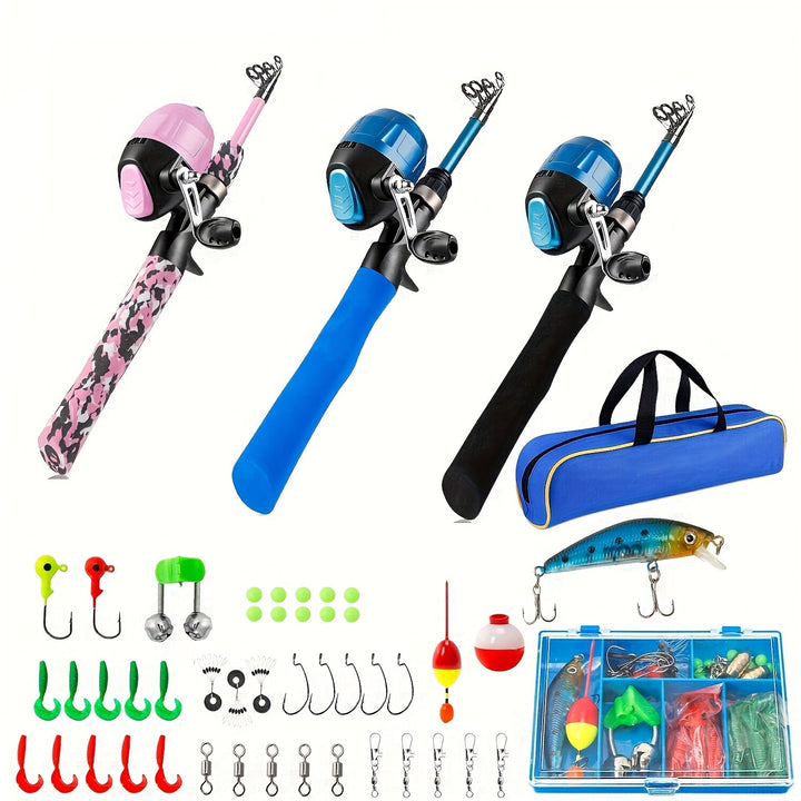 Complete telescopische beginners vishengelset met spinreel, draagtas en aasdoos, ideaal voor starters.