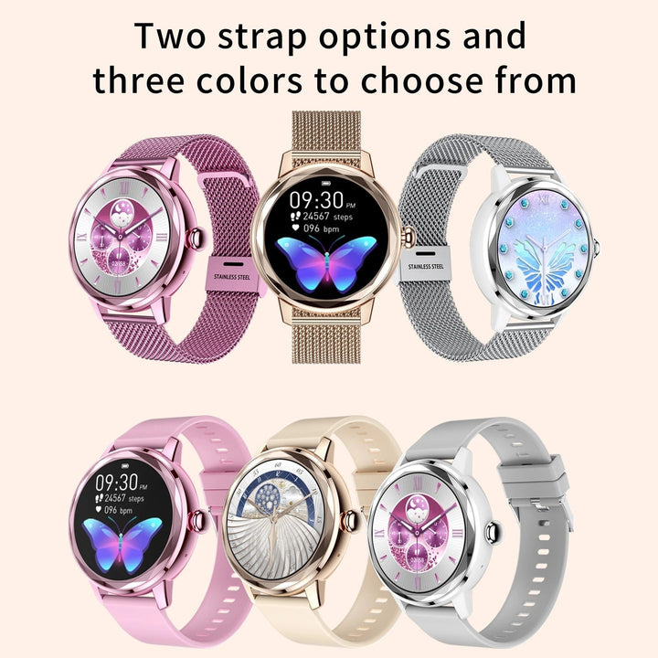 Close-up display luxe Smart Gold dames smartwatch, heldere weergave van tijd en meldingen, goudkleurig.