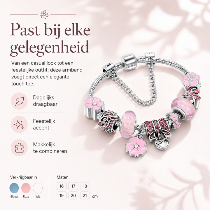 Dames polsband van 925 zilver met charmante bloemen, toont luxe en persoonlijke stijl.
