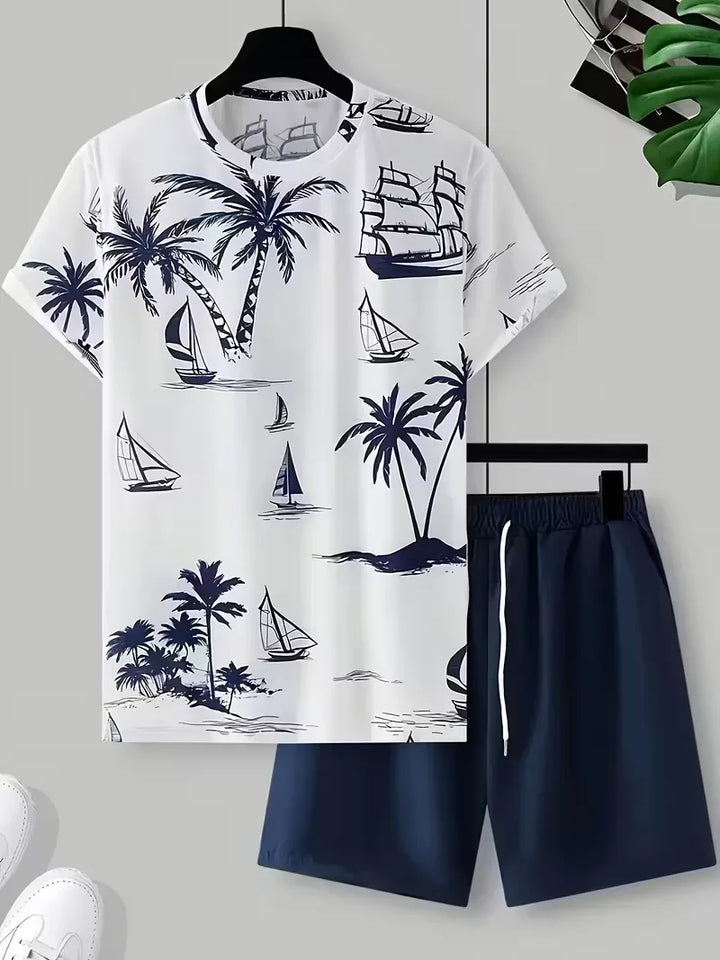 Heren zomerse 3D print T-shirt en korte broek set, comfortabele tweedelige outfit voor strand en vakantie.
