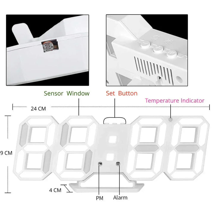 Digitale wandklok met heldere LED verlichting en strak 3D design voor thuis.
