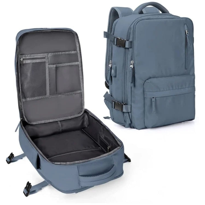 Zwarte waterdichte reisrugzak 35L, met anti-diefstal achterpaneel en externe USB-poort voor gemak.