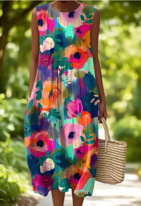 Mouwloze dames midi jurk van linnen met levendige bloemenprint, ideaal voor een comfortabele en elegante zomerlook.