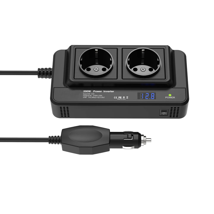 Krachtige 200W 12V-naar-220V auto stroomomvormer met USB-oplader, via sigarettenaansteker.