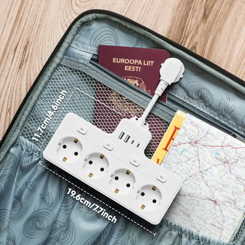 8-in-1 stroompaneel voor thuis & kantoor, inclusief snelle USB-C en AC stopcontacten voor je elektronica.