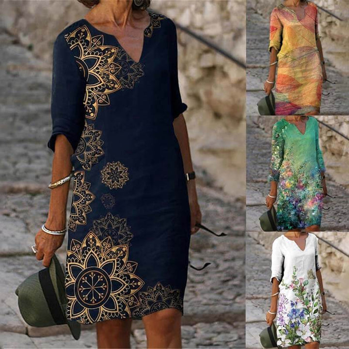Dames midi zomerjurk met een vloeiende elegante snit. Perfecte stijlvolle jurk voor comfortabele zomerkleding.