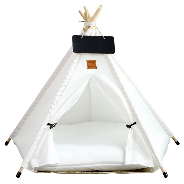 Duurzame canvas huisdiertipi met stevig grenenhout, ideaal als comfortabel kattentipi of hondentipi. Wasbaar en knus.