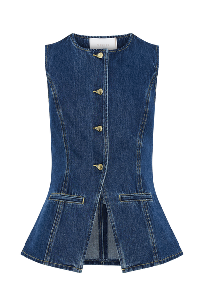 "Denim gilet set voor dames, mouwloze gilet met bijpassende shorts, stoer en trendy voor zomerfestivals en casual looks."