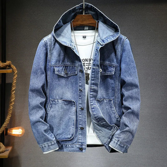 "Denim spijkerjas met capuchon voor heren, klassiek ontwerp, robuust denim, perfecte pasvorm, blauw of zwart beschikbaar."