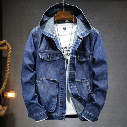 "Denim spijkerjas met capuchon voor heren, klassiek ontwerp, robuust denim, perfecte pasvorm, blauw of zwart beschikbaar."