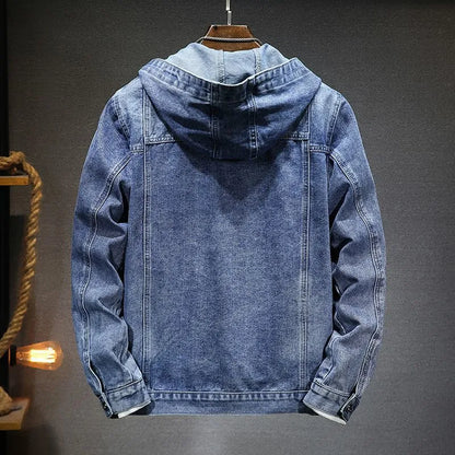 "Denim spijkerjas met capuchon voor heren, klassiek ontwerp, robuust denim, perfecte pasvorm, blauw of zwart beschikbaar."