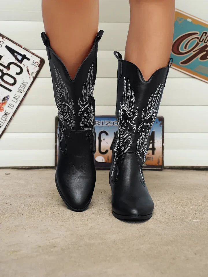 Trendy dames cowboylaarzen van PU-leer; modieuze western stijl schoenen met comfortabele voering.