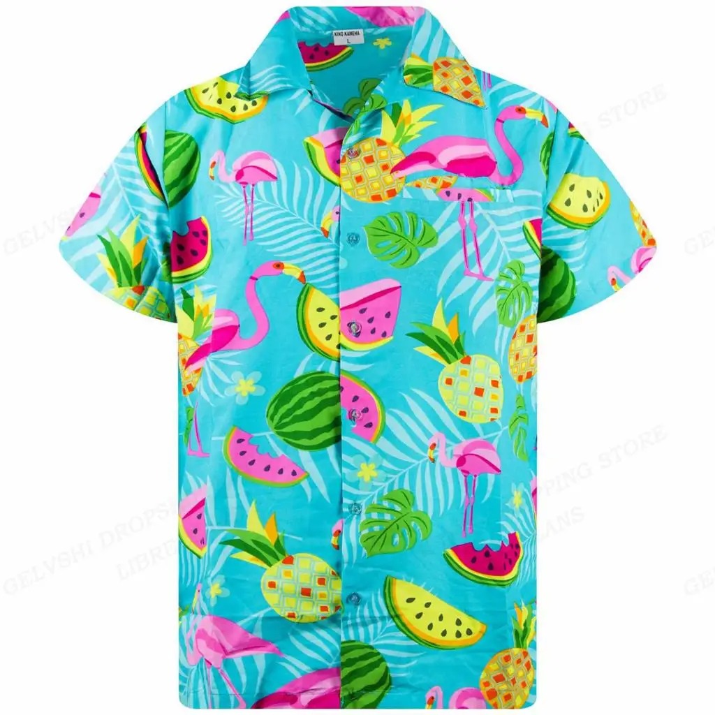 Comfortabel herenoverhemd met levendige 3D flamingo print. Ideaal voor Hawaii thema, vakantie of als strandkleding.