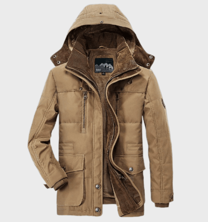 "Dikke heren winterjas met capuchon en diepe zakken, stijlvol ontwerp, luxe uitstraling, perfecte isolatie en comfort."