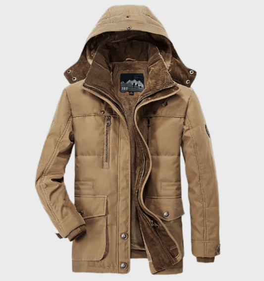 "Dikke heren winterjas met capuchon en diepe zakken, stijlvol ontwerp, luxe uitstraling, perfecte isolatie en comfort."