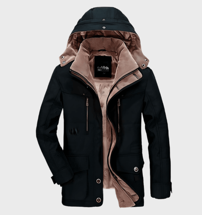 "Dikke heren winterjas met capuchon en diepe zakken, stijlvol ontwerp, luxe uitstraling, perfecte isolatie en comfort."