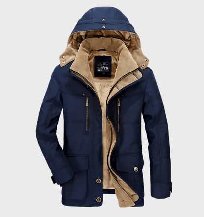 "Dikke heren winterjas met capuchon en diepe zakken, stijlvol ontwerp, luxe uitstraling, perfecte isolatie en comfort."