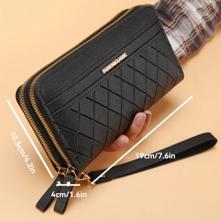 Perfect cadeau: zwarte doorgestikte dames portemonnee, praktisch en stijlvol, voor de moderne vrouw.