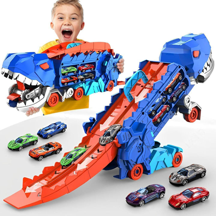 Dinosaurus vrachtwagen 3-in-1 speelset: transporter, opbergdoos en racebaan voor speelgoedauto's; ideaal kindercadeau.