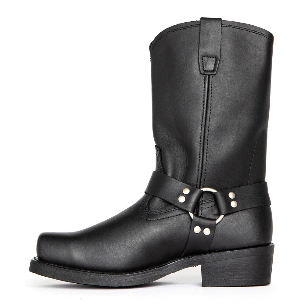 Bruine heren cowboylaarzen met gesp. Robuuste, comfortabele herfst-/winterlaarzen voor een stoere stijl.