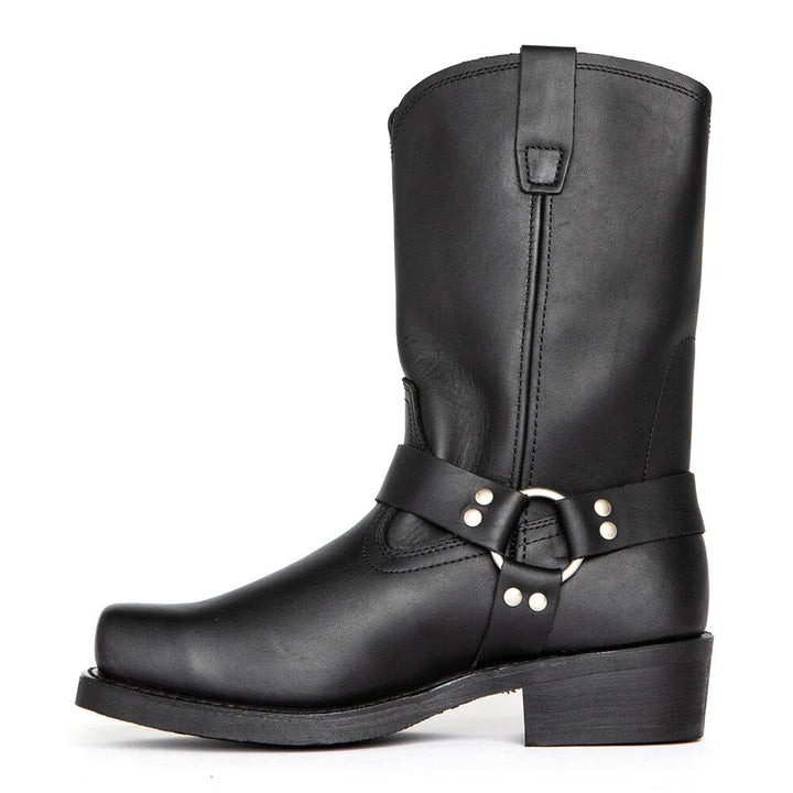 Bruine heren cowboylaarzen met gesp. Robuuste, comfortabele herfst-/winterlaarzen voor een stoere stijl.