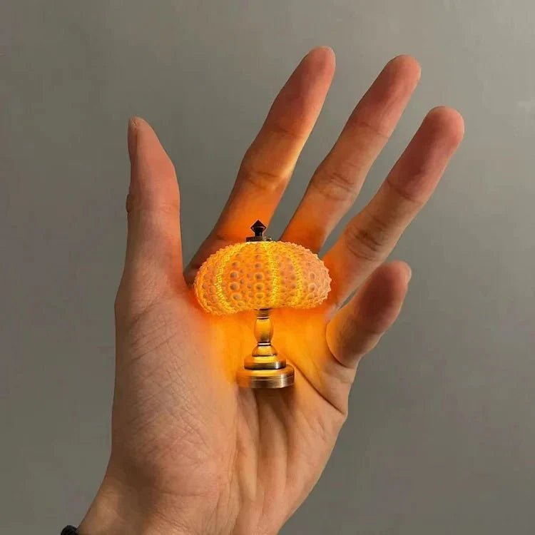 Afgerond DIY zee-egel nachtlampje LumiUrchin verlicht een kamer. Natuurlijke sfeerverlichting in strandstijl interieur.