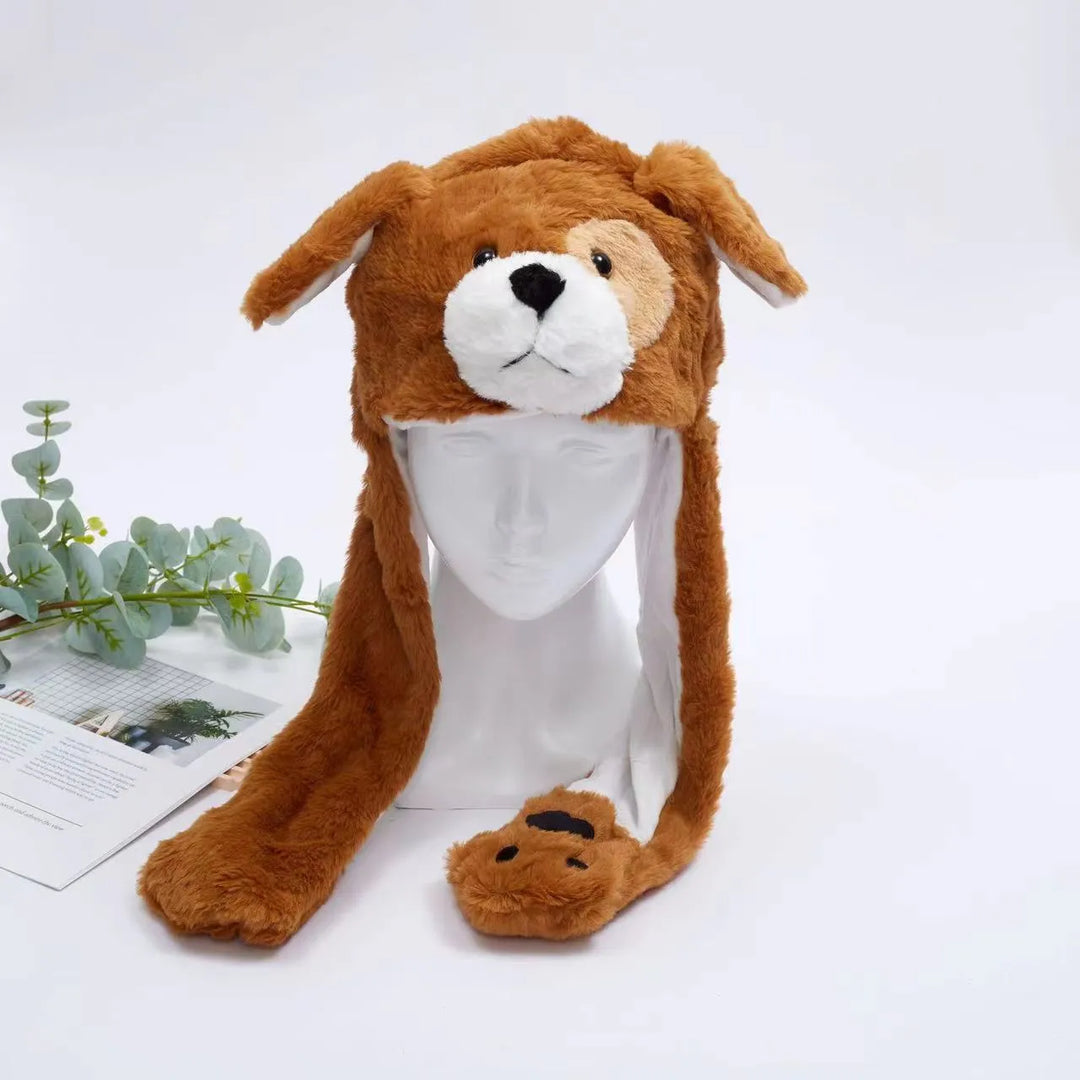 Pluche BunnyBounce hat, zachte konijnenmuts met bewegende oren, warm en feestelijk.