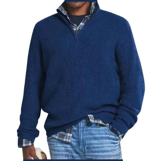 Donkerblauwe wollen herentrui met luxe wolmix, warm en stijlvol voor winter, geschikt voor casual en formele gelegenheden.